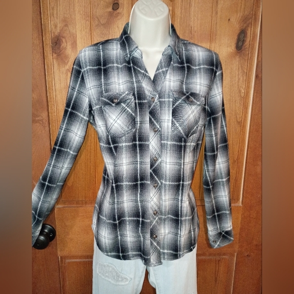 Bit & Bridle Tops - Bit & Bridle Monochrome Plaid Shirt